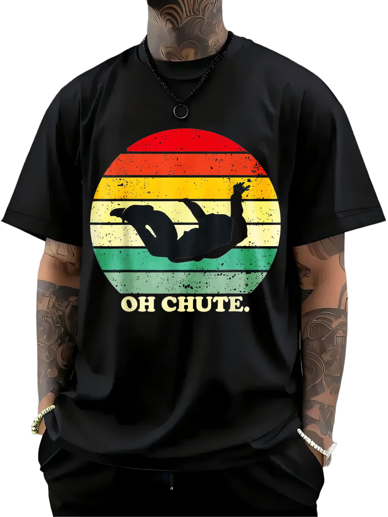 Men's Graphic T-Shirt Oh Chute Retro Stripes With Falling Skydiver Silhouette Parachute