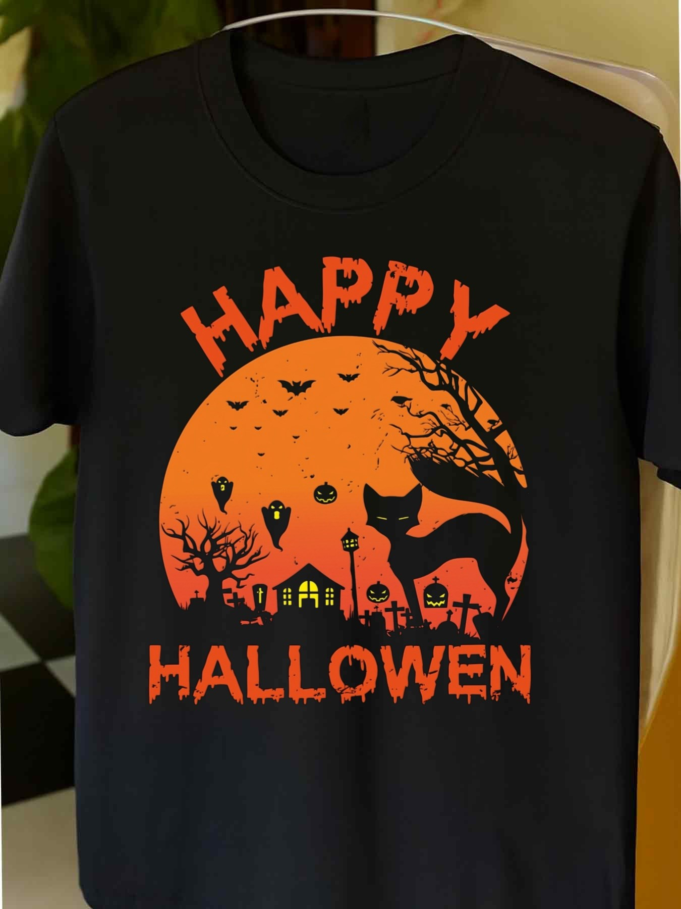 Men's Graphic T-Shirt Happy Halloween Spooky Haunted Houses With Pumpkin Moonlit Night Cat