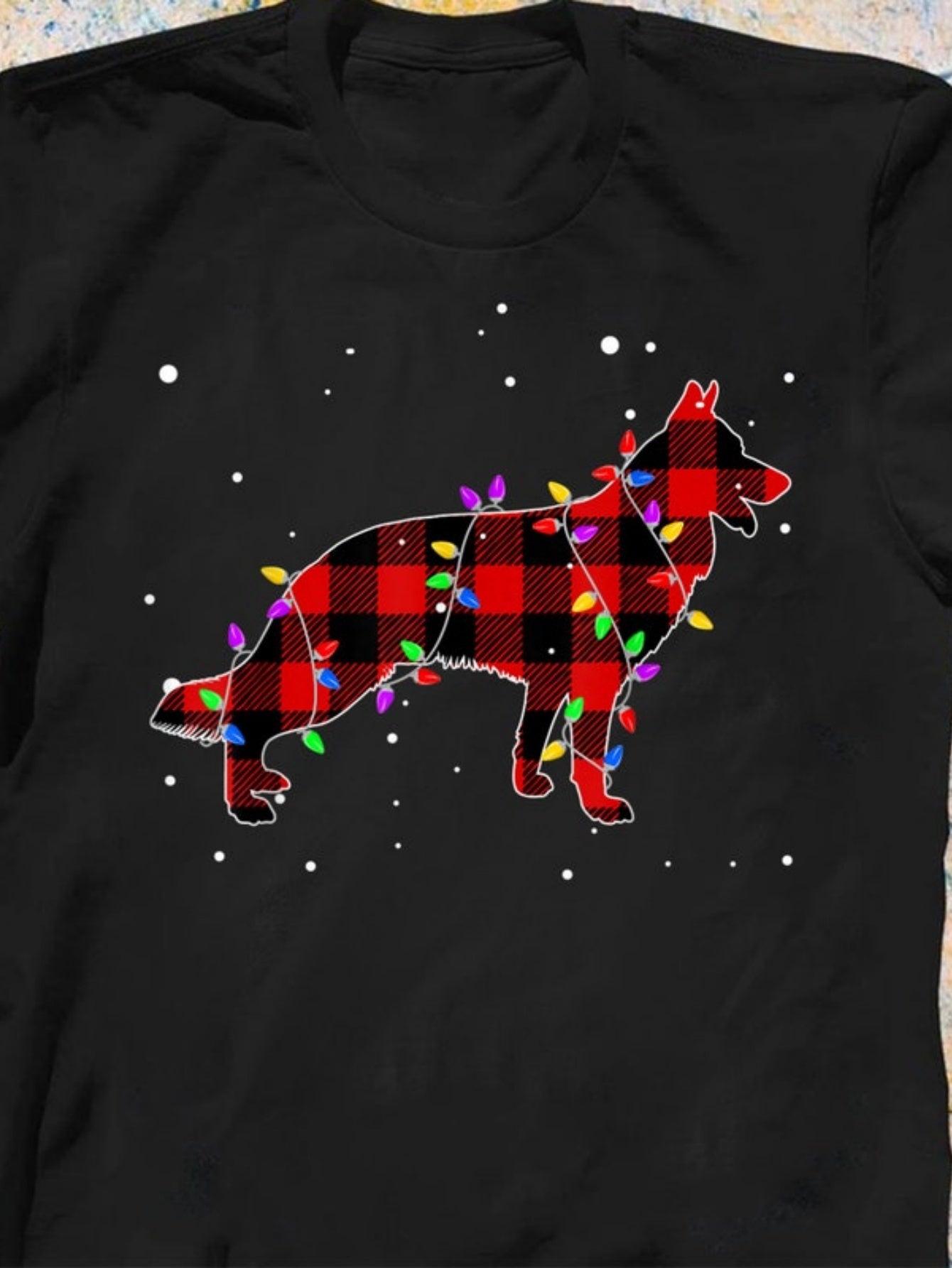 Men's Graphic T-Shirt Red Plaid Covered With Colorful Christmas Light String Shepherd Dog
