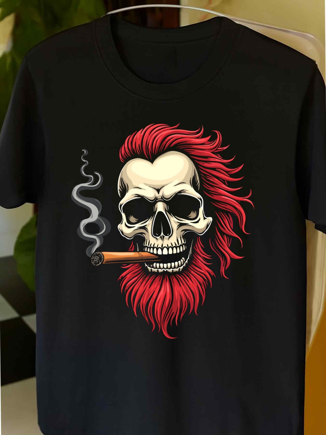 Men's Graphic T-Shirt Smoking Skull With Vibrant Red Hair And Flowing Beard