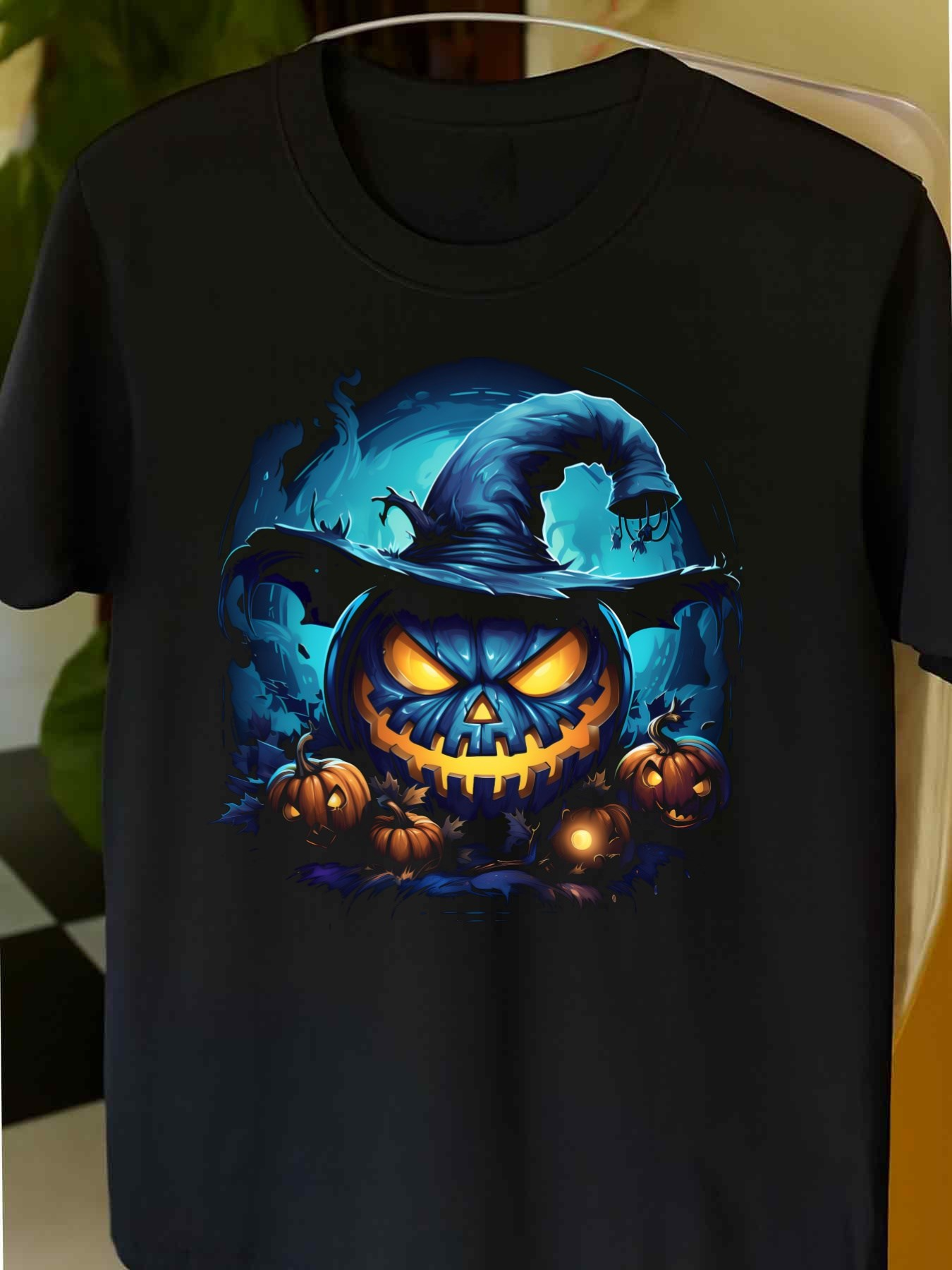 Men's Graphic T-Shirt Glowing Blue Night With Pumpkins And Wicked Witch Hat Jack O Lantern