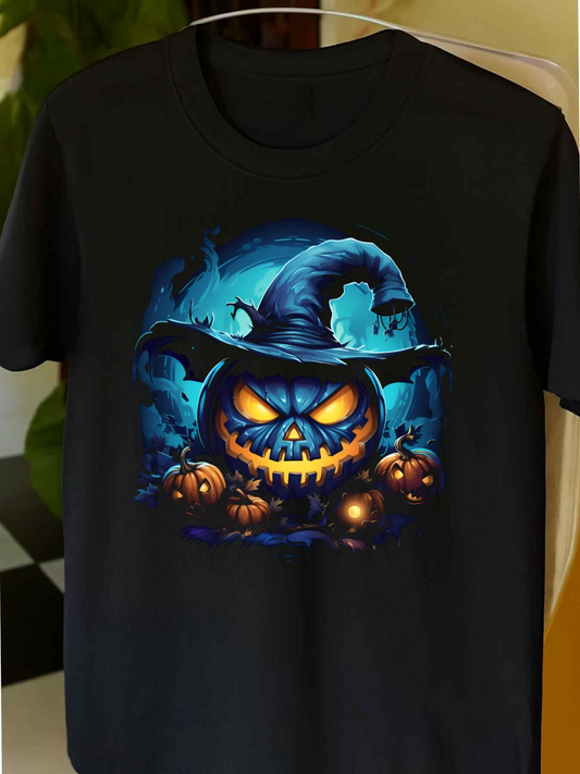 Men's Graphic T-Shirt Glowing Blue Night With Pumpkins And Wicked Witch Hat Jack O Lantern