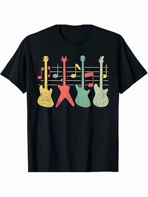Men's Graphic T-Shirt Colorful Musical Notes With Electric Guitars Under Vibrant Staff Lines