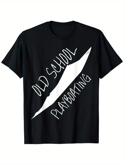 Men's Graphic T-Shirt Old School Playboating With Diagonal Canoe Silhouette On Black Shirt