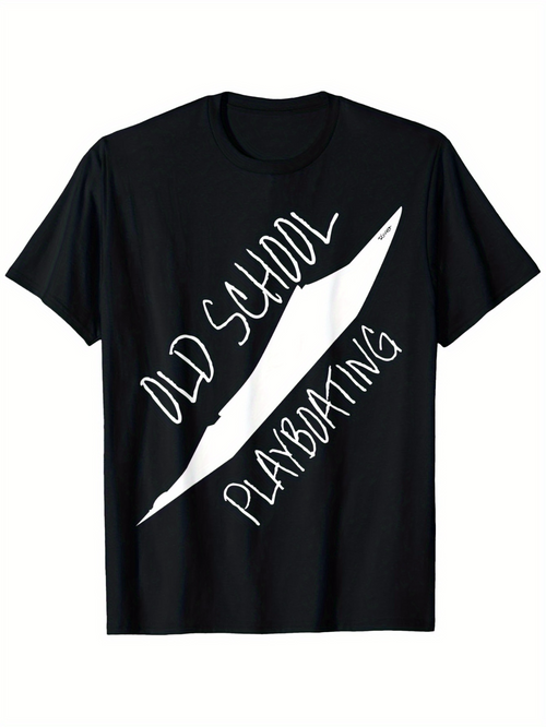 Men's Graphic T-Shirt Old School Playboating With Diagonal Canoe Silhouette On Black Shirt