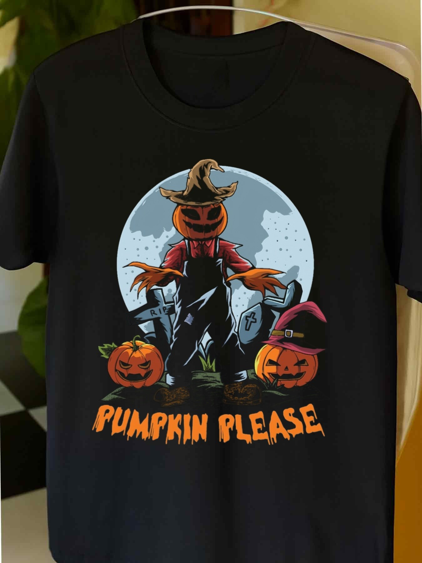 Men's Graphic T-Shirt Pumpkin Please Full Moon Night With Two Smiling Pumpkins And Scarecrow