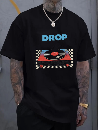 Men's Graphic T-Shirt Drop Vibrant Checkered Turntable With Dancing Vinyl Record