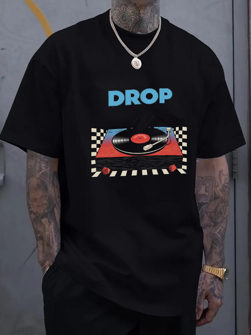 Men's Graphic T-Shirt Drop Vibrant Checkered Turntable With Dancing Vinyl Record