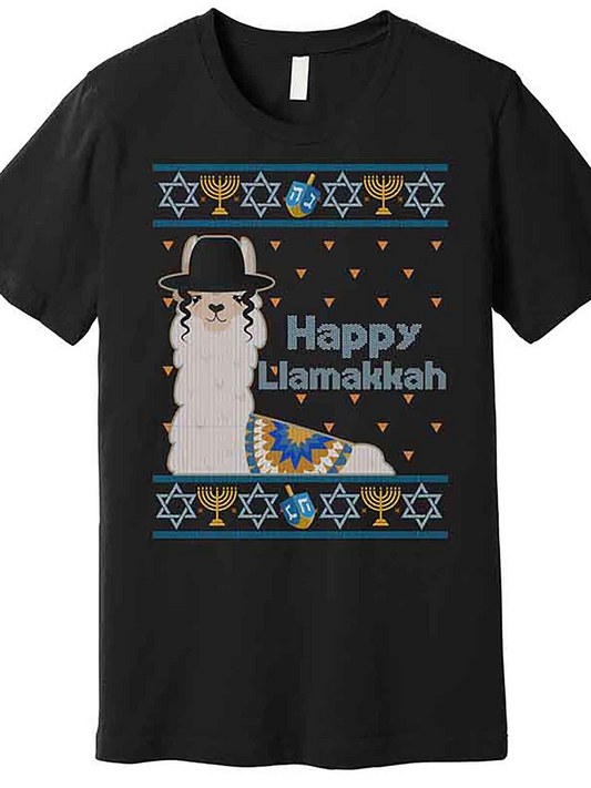 Men's Graphic T-Shirt Happy Llamakkah Blue And Gold Hanukkah Motifs Surround Fun Llama