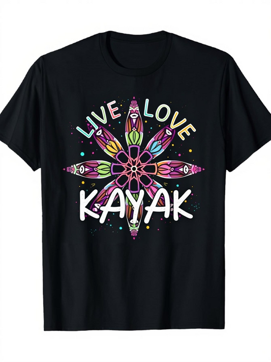 Men's Graphic T-Shirt Live Love Kayak Colorful Boats Forming A Geometric Star Pattern