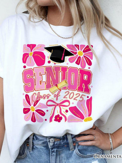 Women's Graphic T-Shirt Senior Class Of 2025 Pink Floral Graduation Cap Design