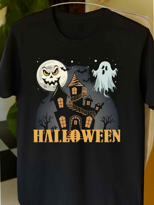 Men's Graphic T-Shirt Halloween Haunted Mansion With Ghost Under Full Moon Night