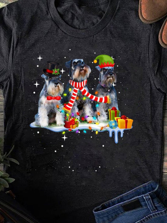 Men's Graphic T-Shirt Festive Winter Snowflakes With Presents Among Playful Schnauzer Dogs