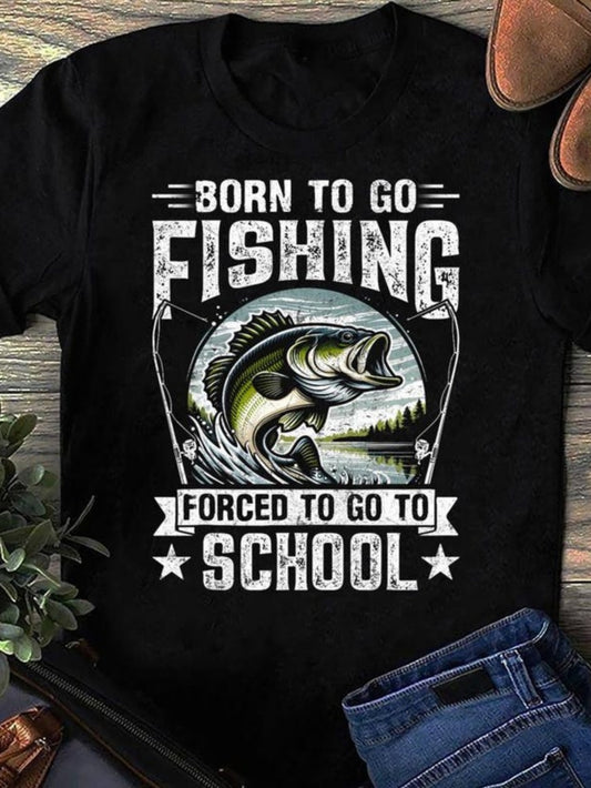 Men's Graphic T-Shirt Born To Go Fishing Under Dramatic Sky And Splashing River Fish