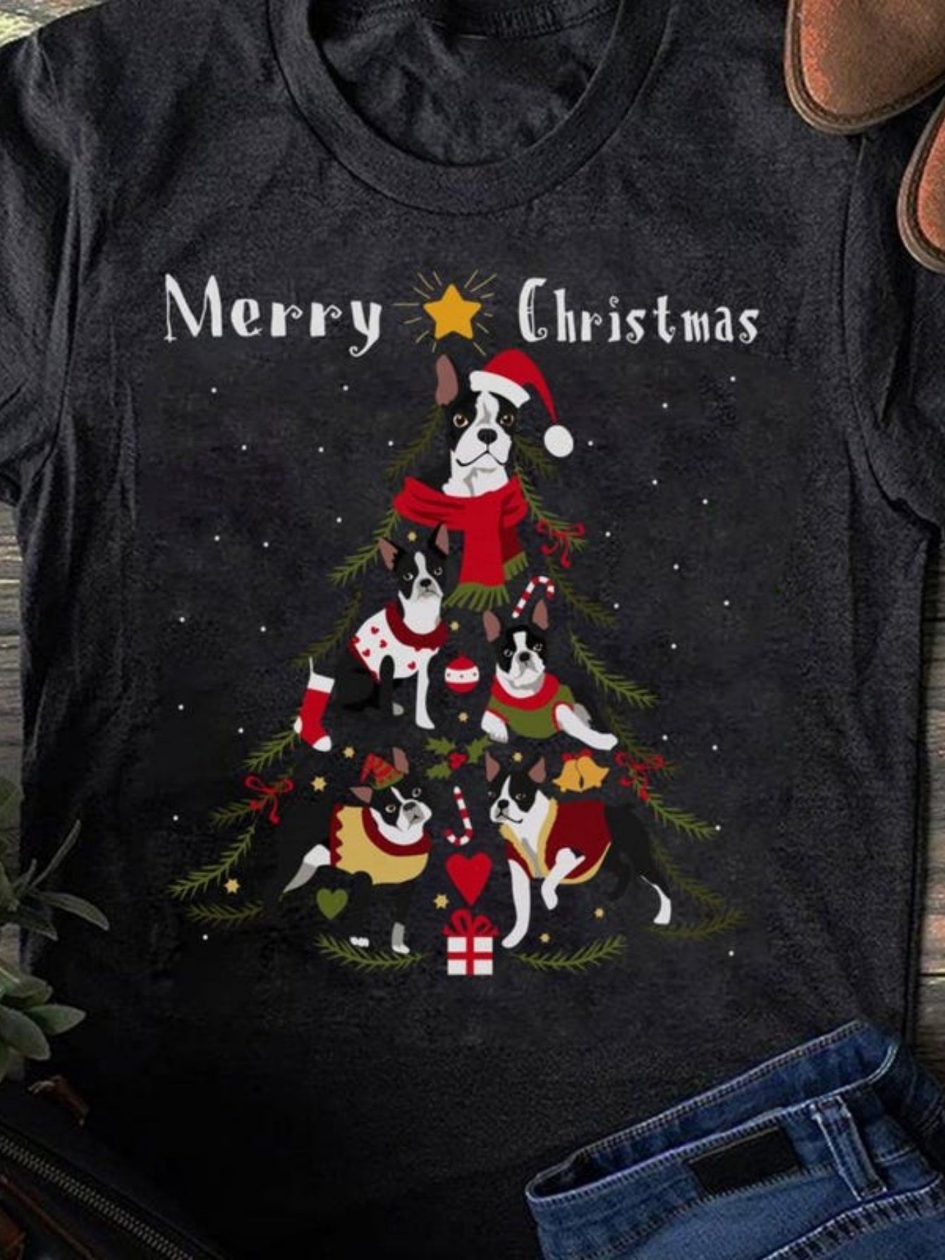 Men's Graphic T-Shirt Merry Christmas Festive Dogs Stacked As Christmas Tree With Holiday Ornaments