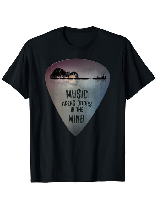 Men's Graphic T-Shirt Music Opens Doors In The Mind Sunset Lake With Silhouetted Trees And Guitar Pick