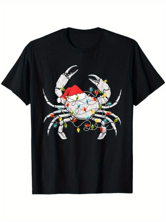 Men's Graphic T-Shirt Christmas Lights Twisting Around Santa Hat Wearing Festive Crab
