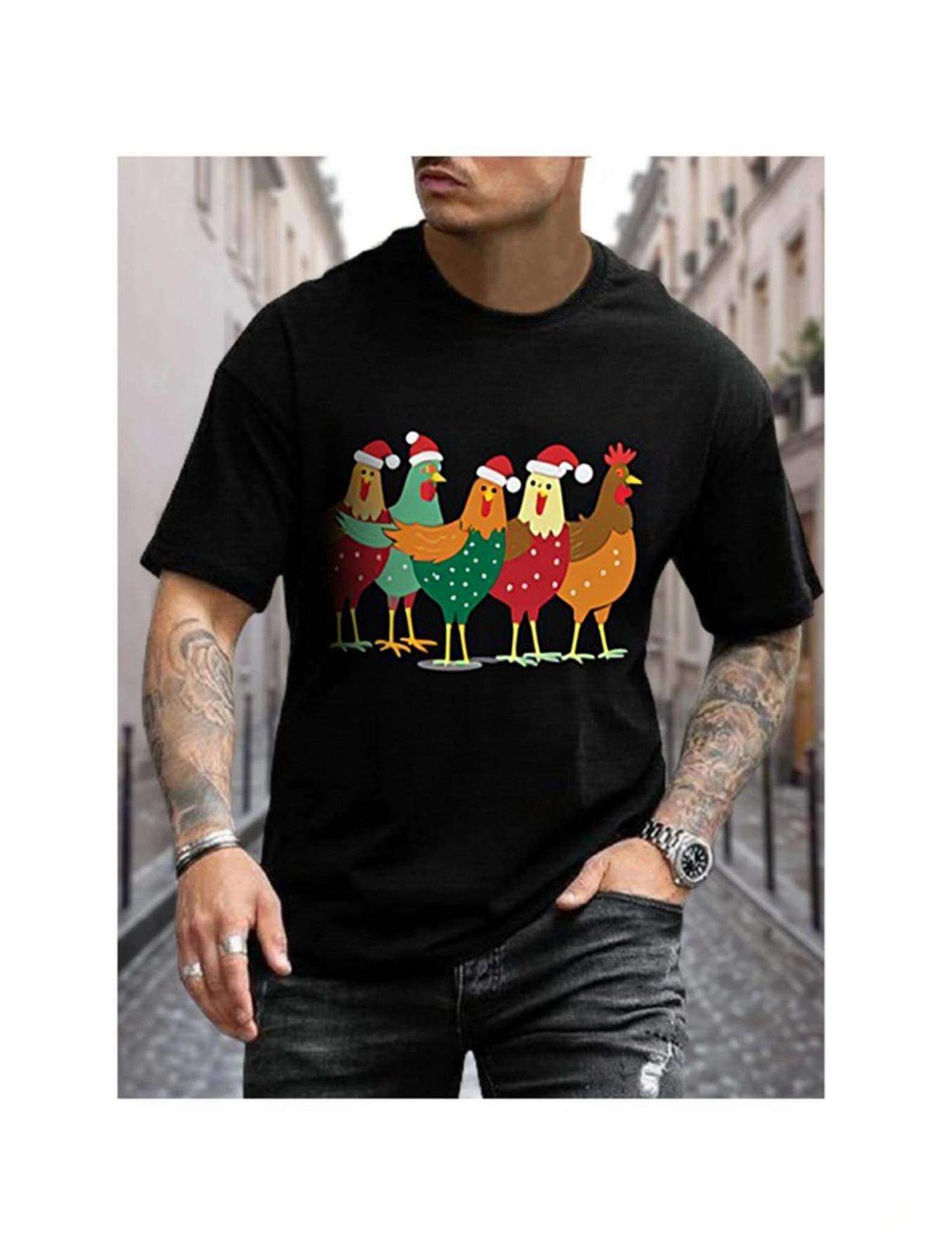 Men's Graphic T-Shirt Chickens Wearing Red Santa Hats Standing Among Colorful Festive Street Chickens
