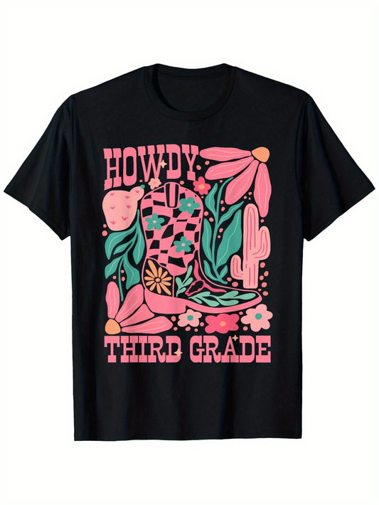Men's Graphic T-Shirt Howdy Third Grade Vibrant Desert Flowers Cactus And Western Boot