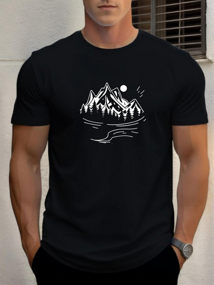 Men's Graphic T-Shirt Monochrome Mountain Scene With Pine Forest And River Landscape Mountain