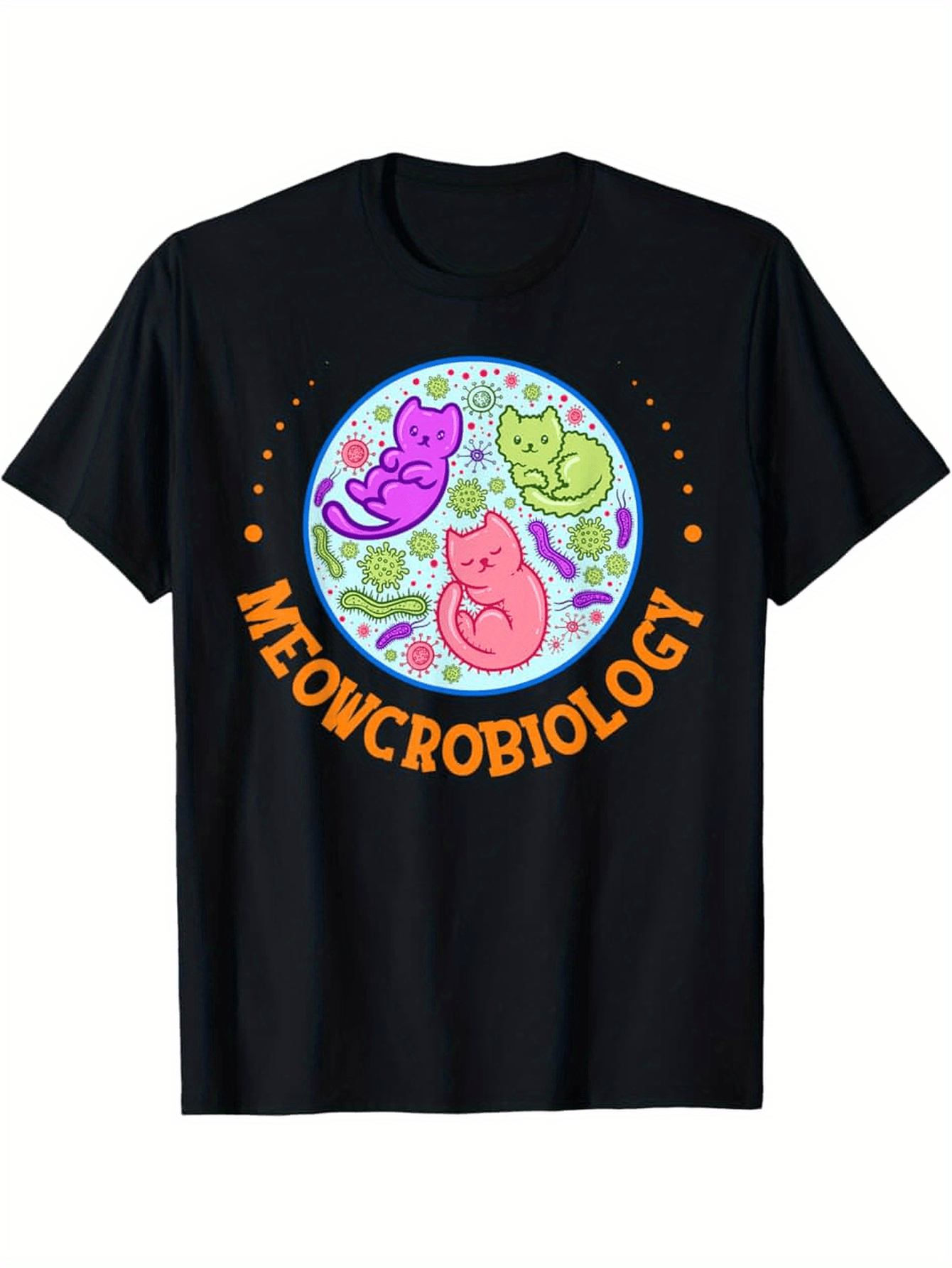 Men's Graphic T-Shirt Meowcrobiology Colorful Cartoon Cats Inside A Microbiology Petri Dish