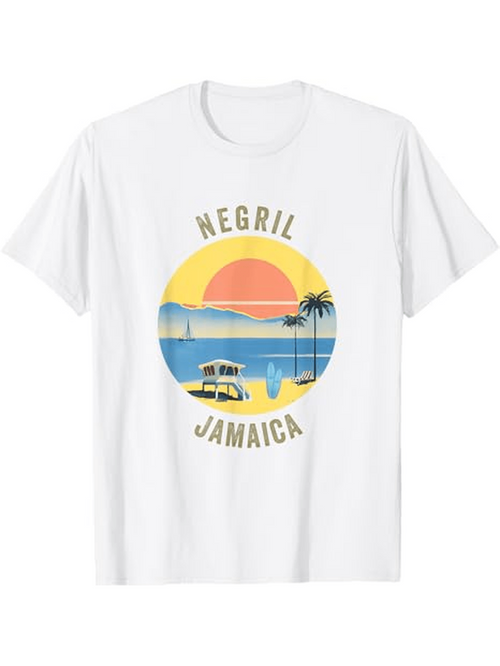 Men's Graphic T-Shirt Negril Jamaica Vibrant Sunset Beach With Palm Tree And Calm Blue Ocean