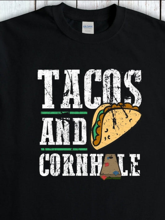 Men's Graphic T-Shirt Tacos And Cornhole Vintage White Letters With Yellow Mexican Taco