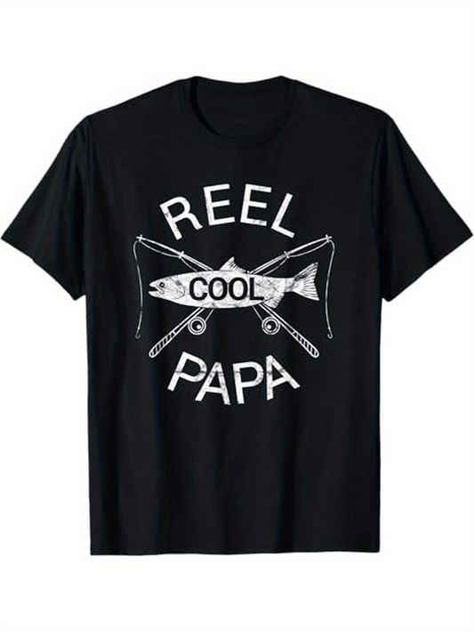 Men's Graphic T-Shirt Reel Cool Papa With Crossed Fishing Rods And Large Detailed Fish