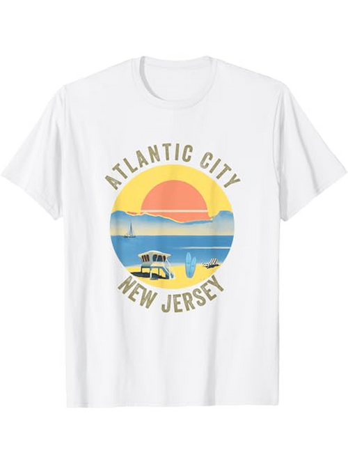 Men's Graphic T-Shirt Atlantic City New Jersey Retro Yellow Sunset Beach Surfing Van
