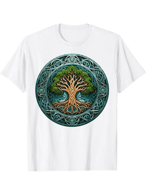 Men's Graphic T-Shirt Ancient Celtic Art Pattern With Vivid Roots And Lush Green Tree