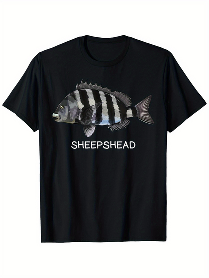 Men's Graphic T-Shirt White Striped Underwater Fish Illustration With Bold Lettering Sheepshead