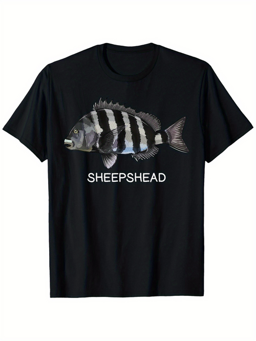 Men's Graphic T-Shirt White Striped Underwater Fish Illustration With Bold Lettering Sheepshead