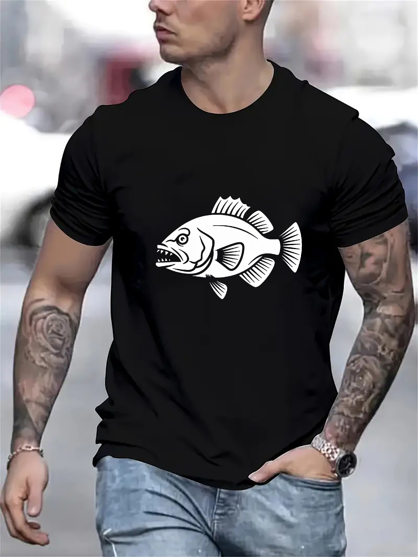 Men's Graphic T-Shirt Bold Graphic Fish With Contrasting Details On Black Shirt Fish