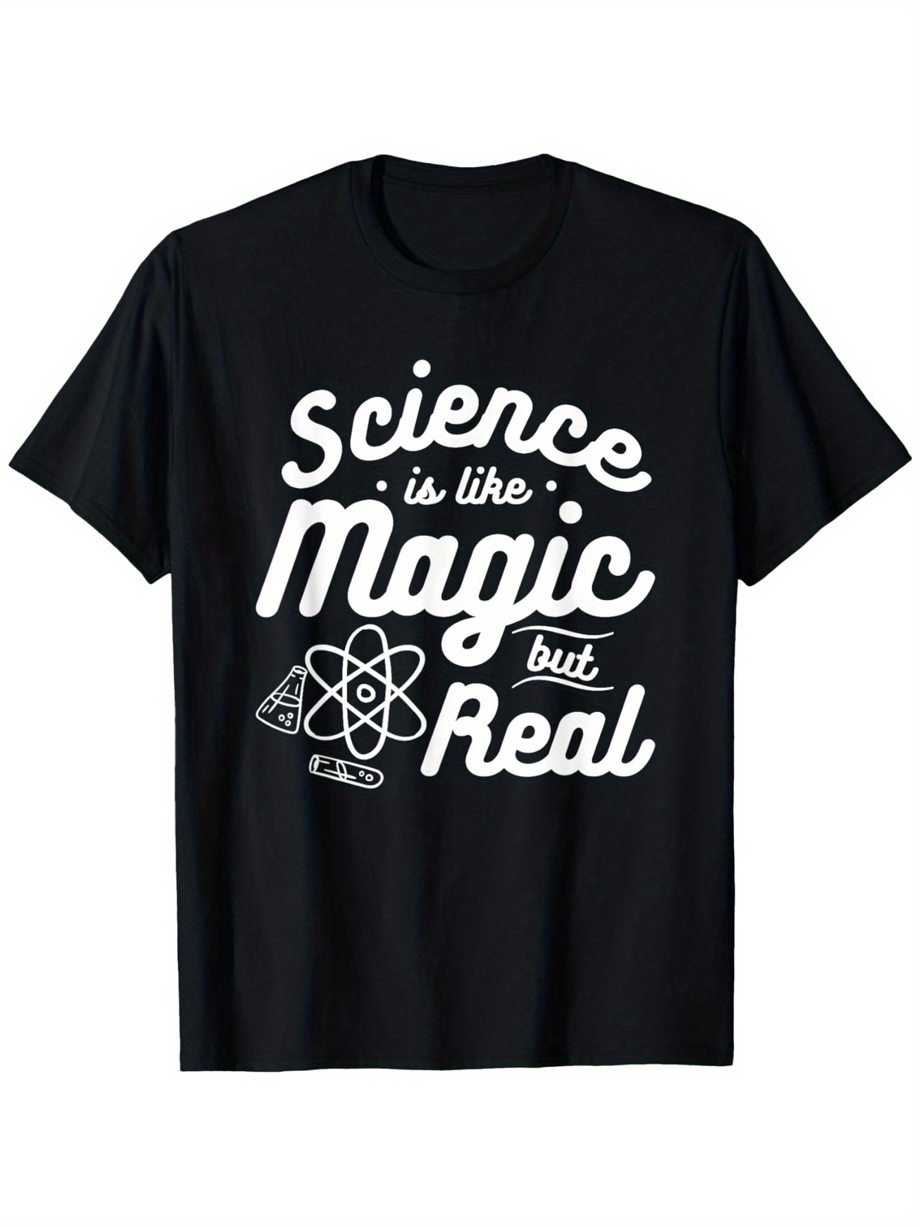 Men's Graphic T-Shirt Science Is Like Magic But Real Whimsical Atomic Design Featuring Swirling Elements On Black Tee