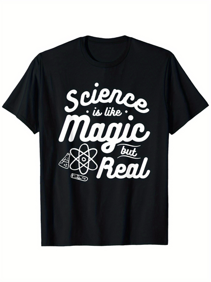 Men's Graphic T-Shirt Science Is Like Magic But Real Whimsical Atomic Design Featuring Swirling Elements On Black Tee