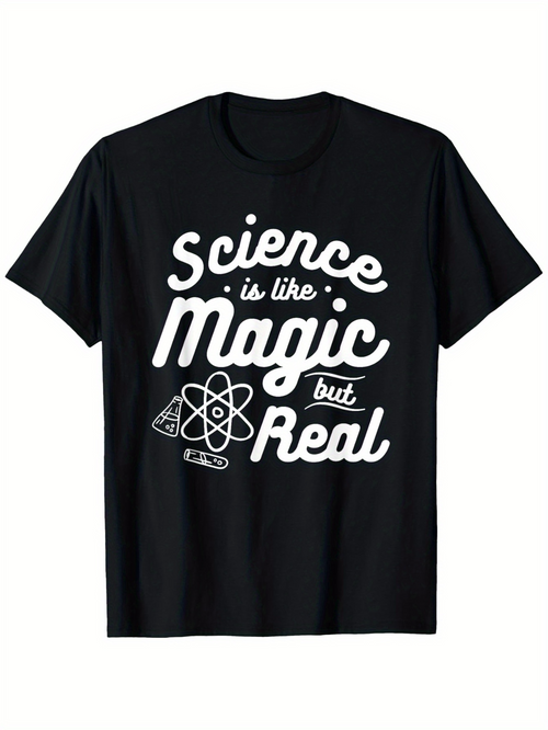 Men's Graphic T-Shirt Science Is Like Magic But Real Whimsical Atomic Design Featuring Swirling Elements On Black Tee