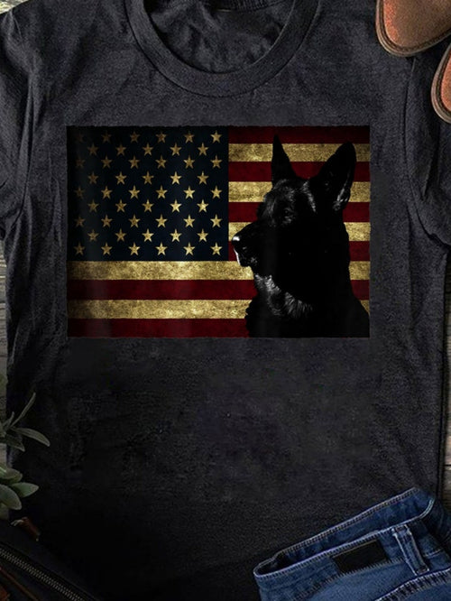 Women's Graphic T-Shirt Vintage American Flag With Majestic Black German Shepherd Dog