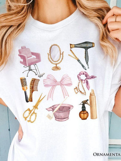 Women's Graphic T-Shirt Pink Salon Tools And Stylish Accessories With Vintage Hairdresser Bow