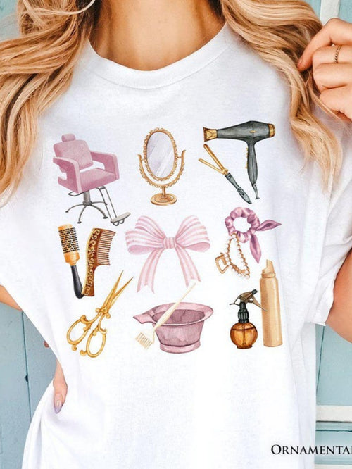Women's Graphic T-Shirt Pink Salon Tools And Stylish Accessories With Vintage Hairdresser Bow
