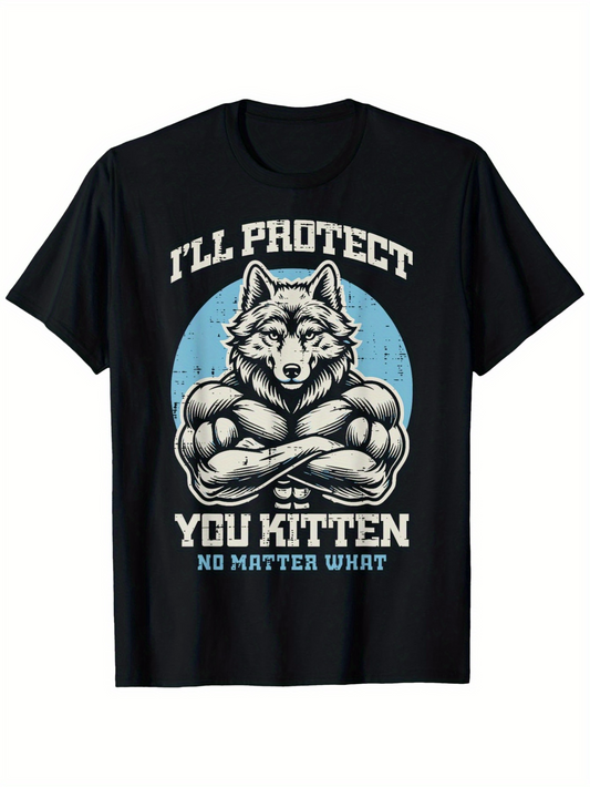 Men's Graphic T-Shirt Ill Protect You Kitten Strong Wolf With Arms Folded Under Blue Moonlight