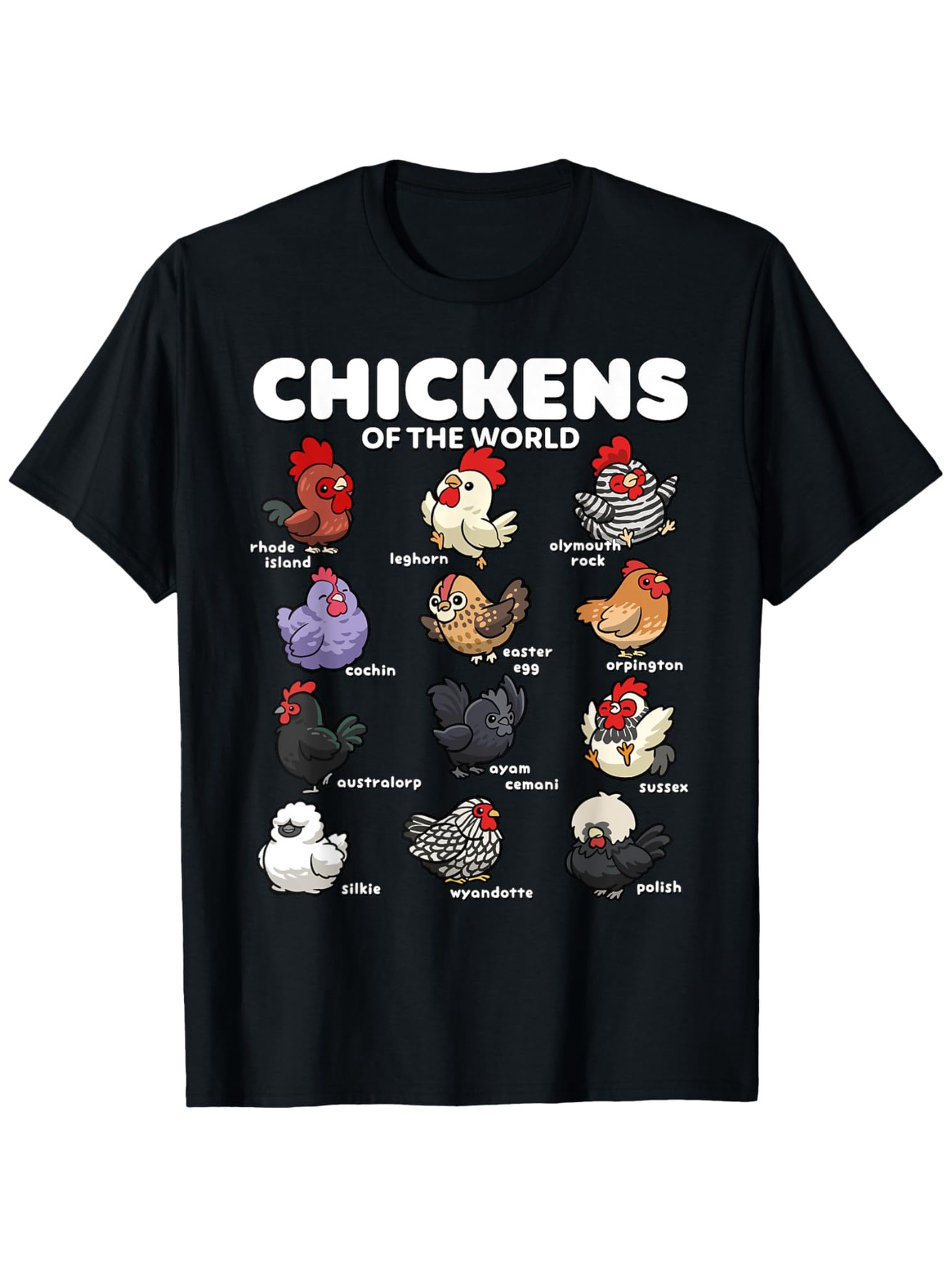 Men's Graphic T-Shirt Chickens Of The World Illustrated Farmyard Breeds On Black T Shirt