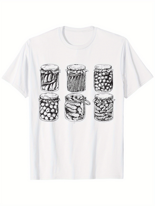 Men's Graphic T-Shirt Hand Drawn Style Preserved Vegetables Jars On White Cotton T Shirt