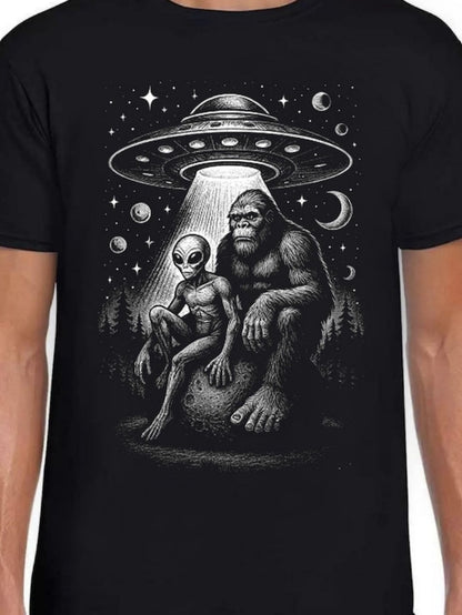 Men's Graphic T-Shirt Mysterious Night Scene With Bigfoot Alien Ufo And Cosmic Skies