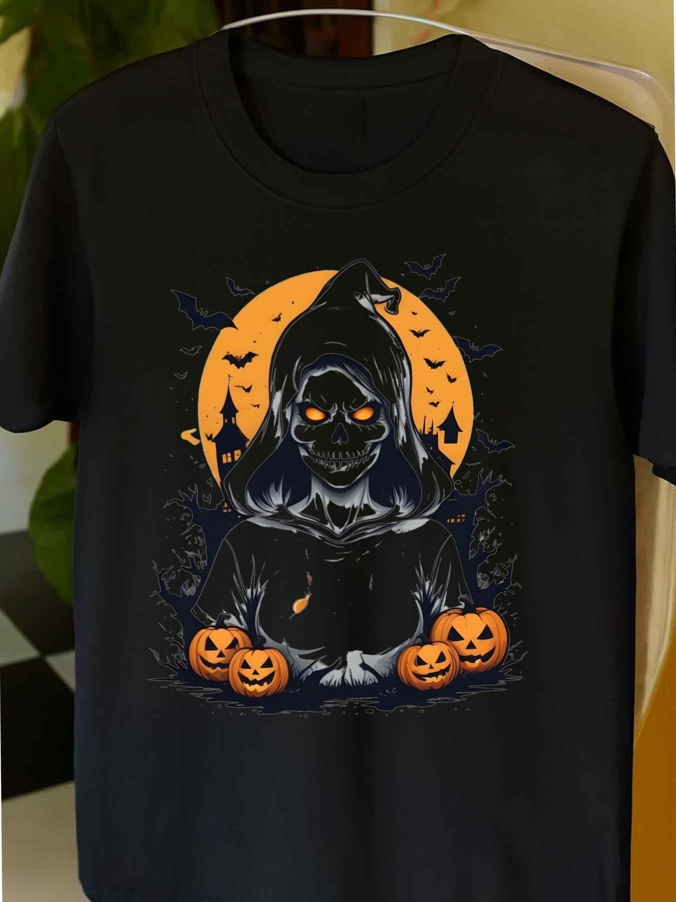 Men's Graphic T-Shirt Glowing Orange Moon And Bats With Grim Reaper Surrounded By Pumpkins