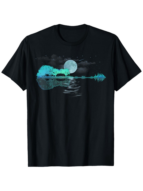 Men's Graphic T-Shirt Luminous Night Scene Reflected Lake Trees Clouds Full Moon Guitar