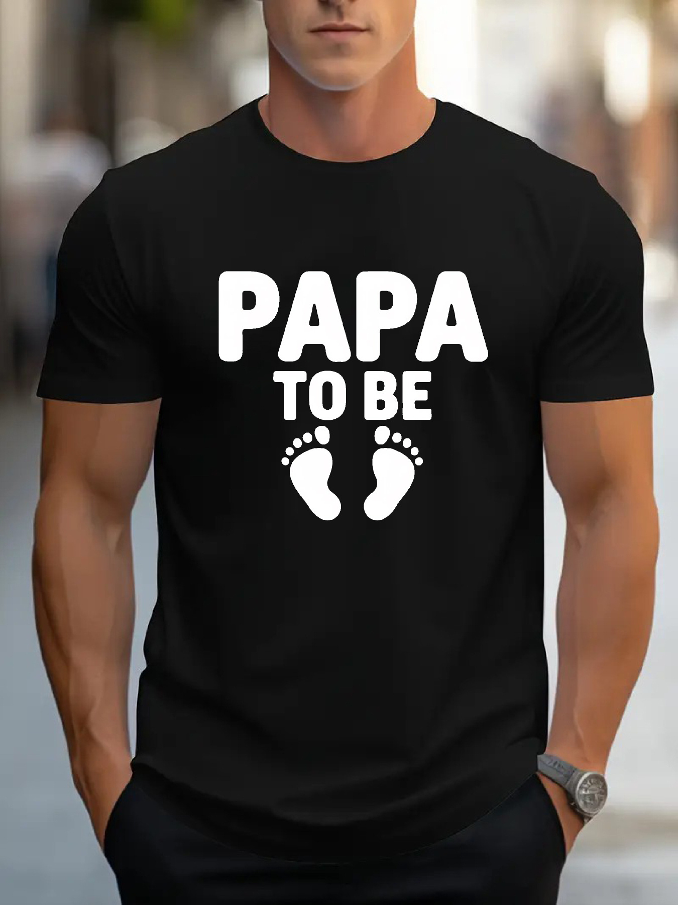 Men's Graphic T-Shirt Papa To Be Playful Typography With Baby Footprints Black Shirt