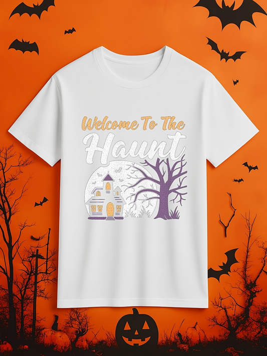 Men's Graphic T-Shirt Welcome To The Haunt Spooky Full Moon With Haunted House And Bare Tree