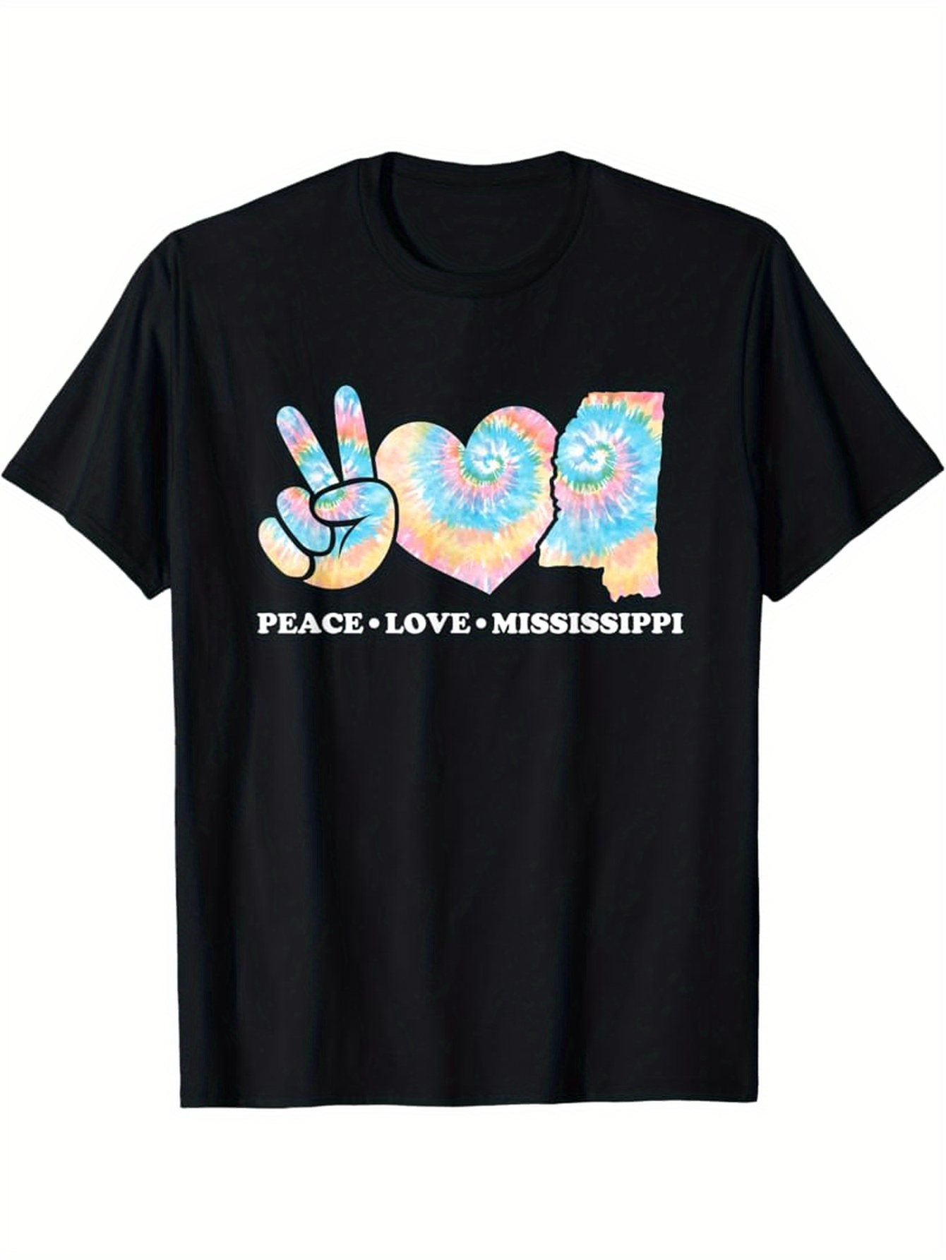 Men's Graphic T-Shirt Peace Love Mississippi Tie Dye Icons Over Black T Shirt