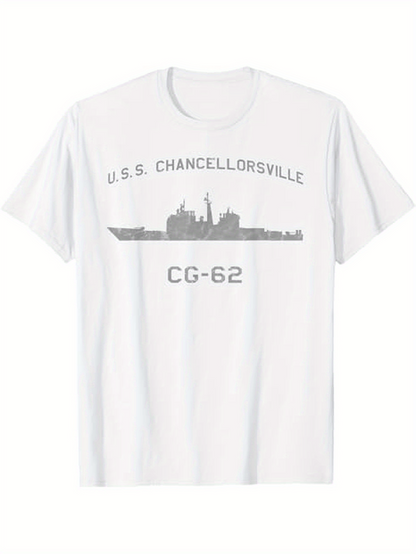 Men's Graphic T-Shirt USS Chancellorsville With Gray Silhouette Among Open White Space Ship