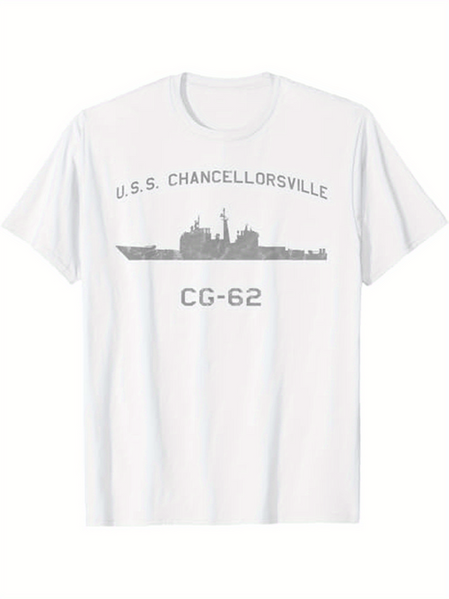 Men's Graphic T-Shirt USS Chancellorsville With Gray Silhouette Among Open White Space Ship